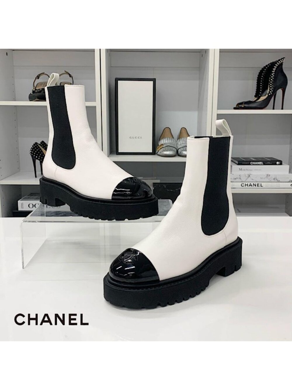 Chanel CC Logo Leather Patent Side Gore Short Boots White